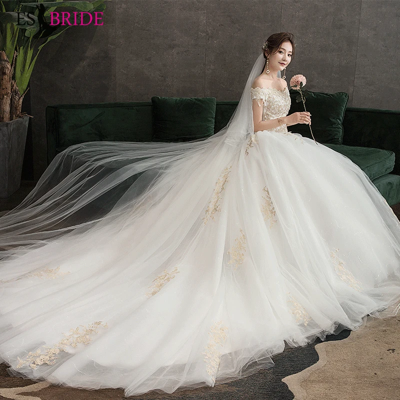

2021 New Shoulder Dress Tailing Evening Dress Korean Slim Wedding Dress Long Bridal Dress