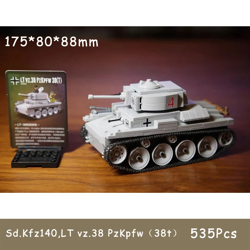 

535Pcs LT vz.38 PzKpfw（38t）Light Tank Military Series Building Blocks WW2 DE LT-38 Brick With 3 Army Figures Model Gift Toy