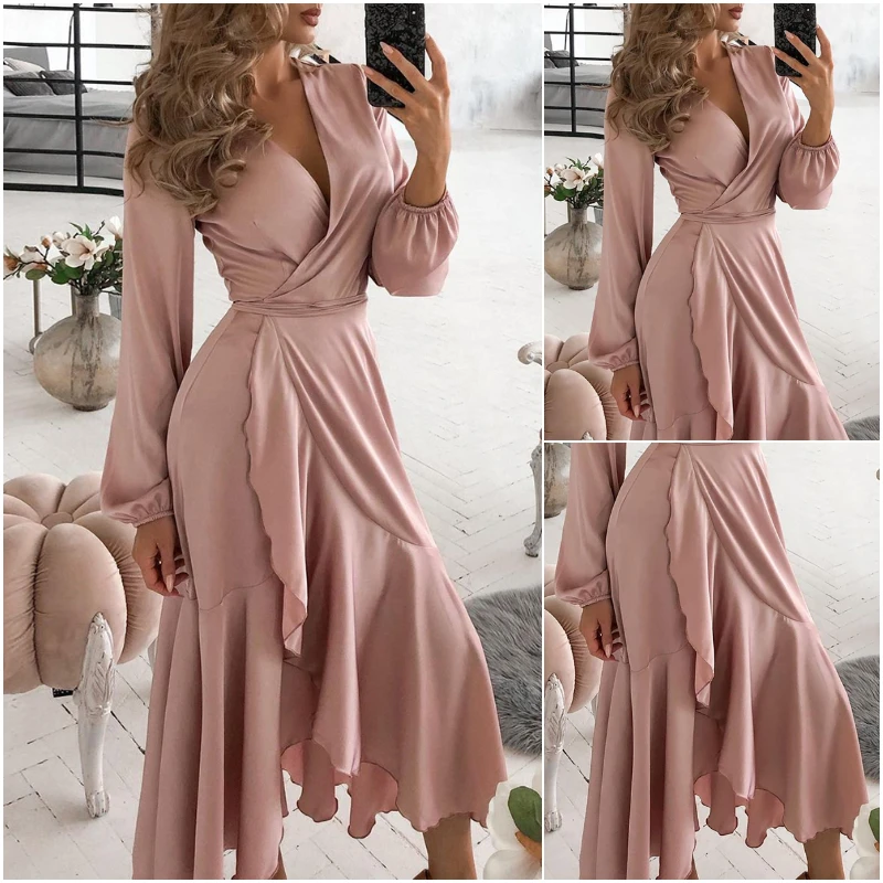 

Pink Party Birthday Mermaid Dress Evening Ball Gowns Spring Female Robes Women V-Neck Ruffles Long Lantern Sleeve Lace Up