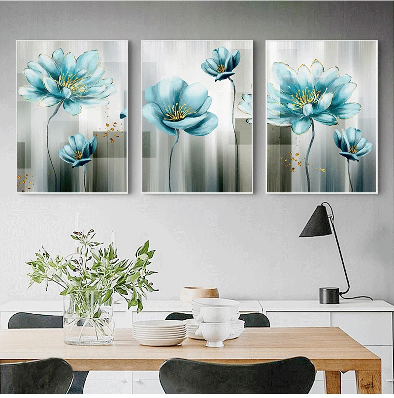 

Abstract Blue Flower Canvas Painting Modern baby blue Wall Art Picture for Living RoomGold Print Cuadros Salon Decoraciowallart