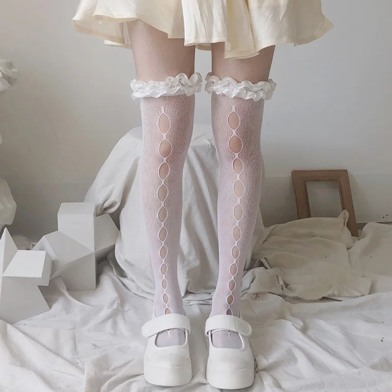 

Lolita Hollow Lace Stocking Women Mesh Thigh High Knee Socks Woman Transparent Thin Long Stockings Girls Dress Calcetine Medias