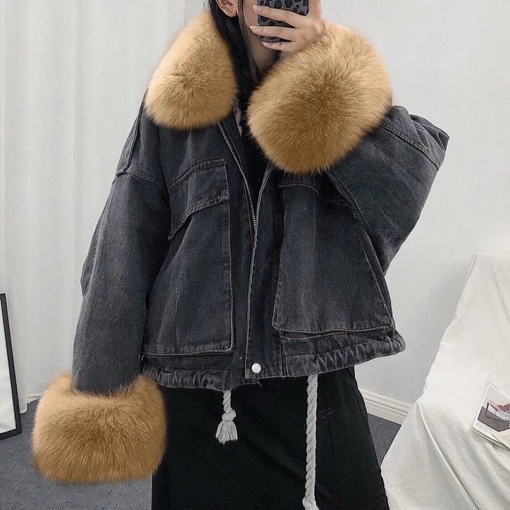

2020 Winter Thick Warm Faux Fur Collar Jeans Jacket Women Korean Solid Pockets Denim Outwear Female Casual Loose Cowboy Coat