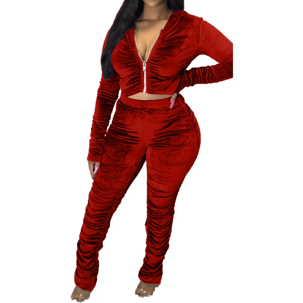 

Velvet Zipper Hooded Jacket Crop Top Pants Two Piece Set V-neck Sexy Bodycon Tracksuit New Skinny Pant Velour Soid Pleated Set