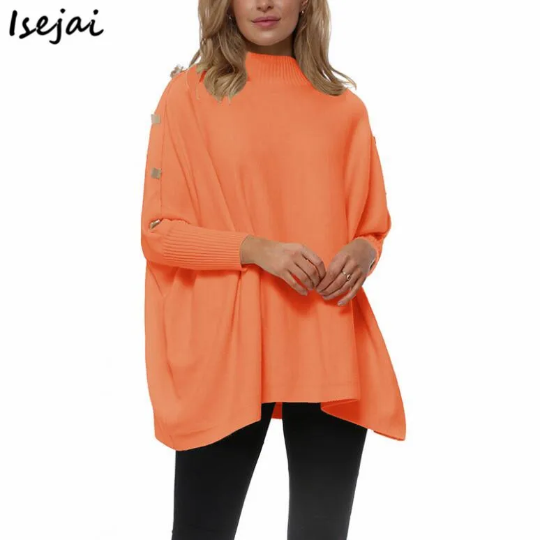 

Bat Sleeve Turtleneck Knitting Pullover Sweater Woman Autumn Winter Button Loose Sweater Women 2021