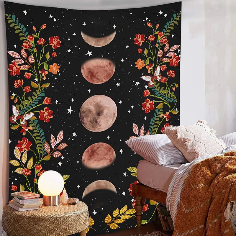 

Handmade Moon Phase Tapestry Wall Hanging Retro Black Flower Tapestry Home Decoration Background Cloth Bedroom Wall Covering