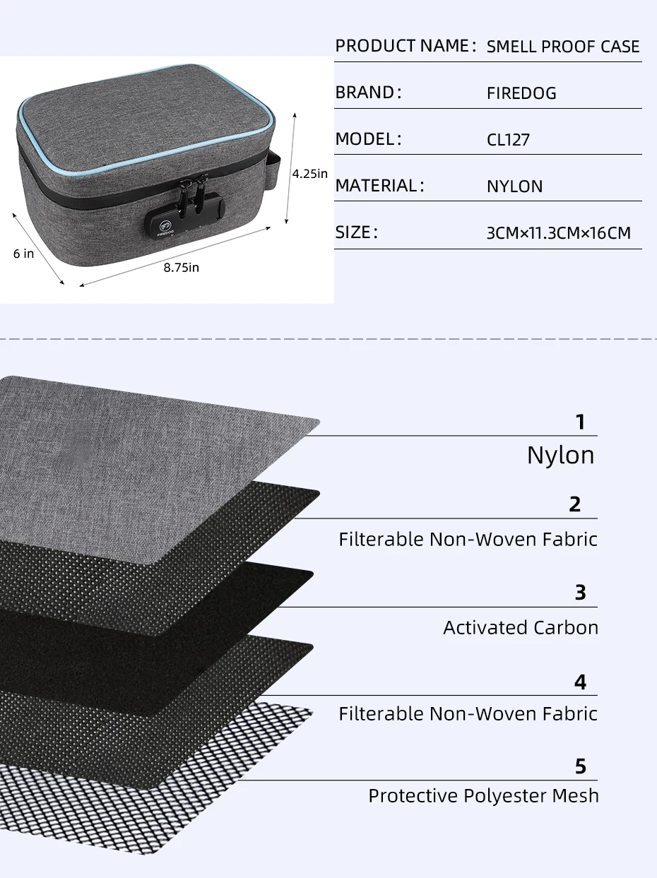 Защитный чехол FIREDOG с защитой от запаха и кодовым замком карбоновый контейнер для