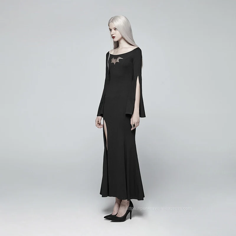 Женское готическое платье в стиле Панк RAVE длинное черное с принтом летучая мышь