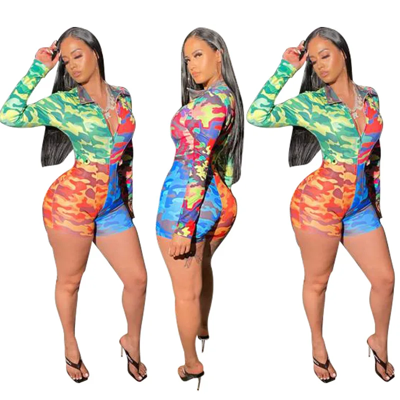 Fashion rainbow camouflage print lady playsuits turn-down collar long sleeve sexy overall club shorts | Женская одежда