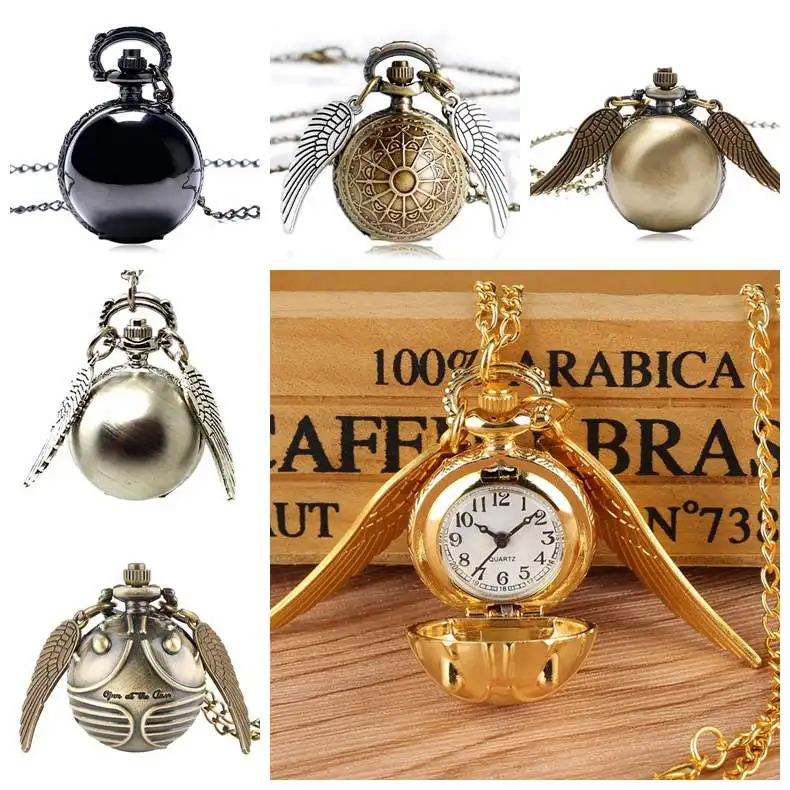 

Retro Steampunk Smooth Watch Ball Shaped Quartz Pocket Watch Fashion Sweater Angel Wings Necklace Chain Gifts for Men Women kid