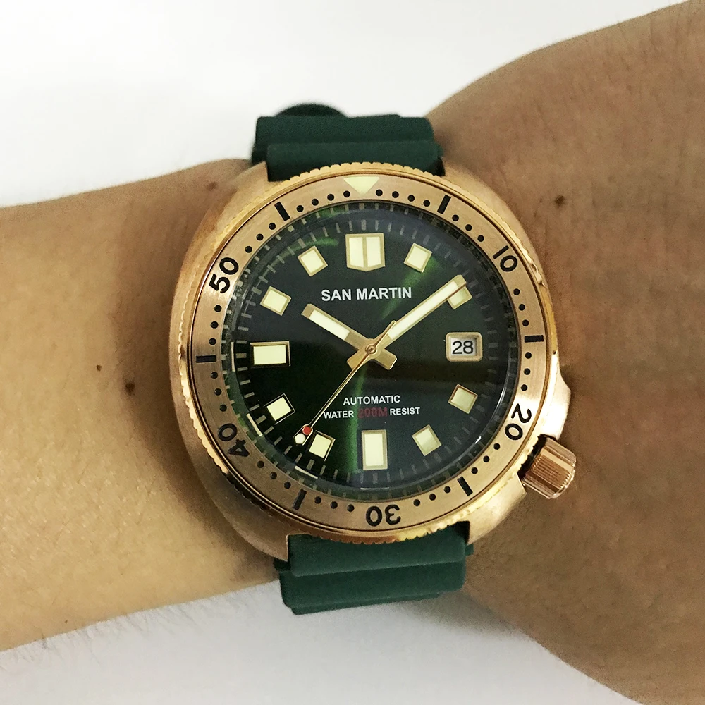 rubber strap green San Martin, новинка 6105, часы для дайвинга с бронзовым тунцом, Водонепроницаемость 200 м, Акула, кожаный ремешок, Мужские автоматические наручные часы для мужчин - Цвет: rubber strap green