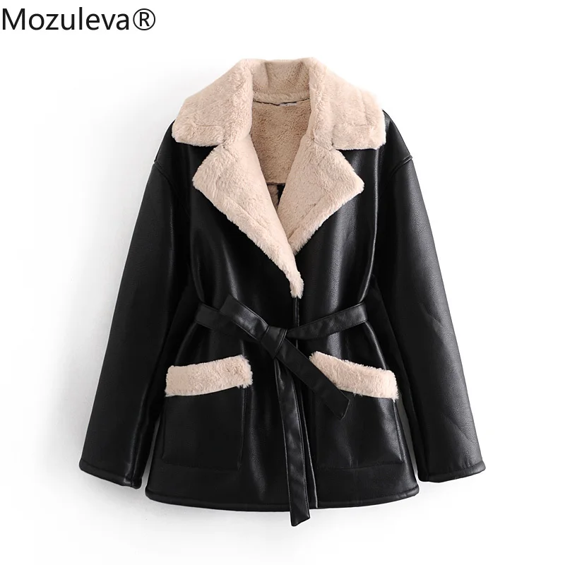 

Mozuleva Winter Women Turn Down Collar Faux Leather Jacket with Belt Thick Warm Long Sleeve Pu Leather Coat Stretwear Outwear