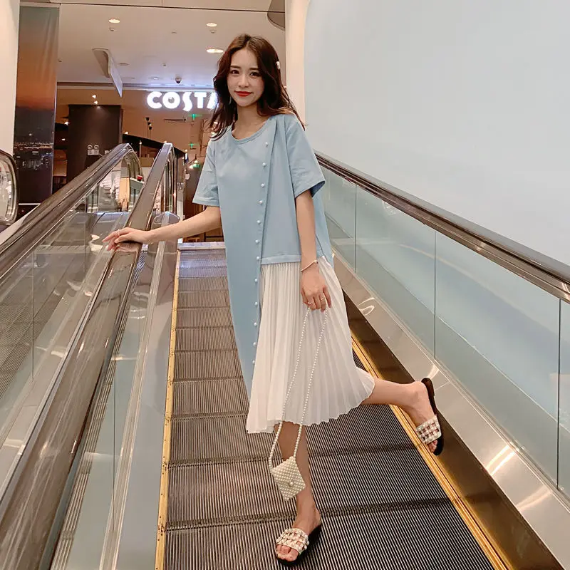 

Womens Dress Maternity Mother Dress Short-Sleeved Beaded Stitching Chiffon Maternity Dress Black and White Patchwork Summer Tops