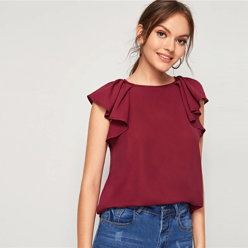 SHEIN модная повседневная однотонная блуза с завязками на спине, реглан, гофрированные плечи,, милые летние офисные женские топы с коротким рукавом и блузки