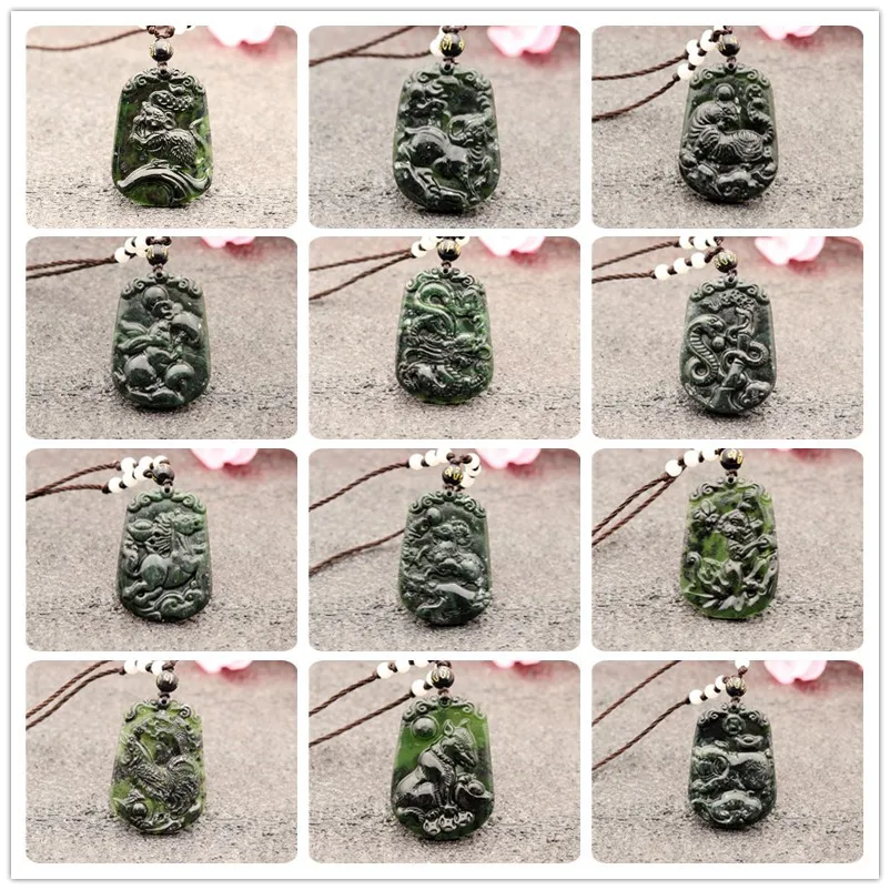 

Натуральный черный зеленый нефрит подвеска в форме китайского знака зодиака ожерелье обсидиан Шарм ювелирные изделия аксессуары ручной ре...
