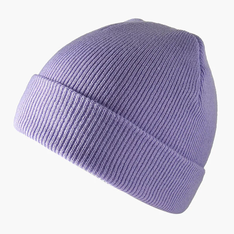 Light Purple Зимние шапки, короткие шапки с манжетами, теплые Универсальные шапки для женщин, короткое трикотажное эластичное шапочка, Повседневная дышащая растягивающаяся шапка - Цвет: Light Purple
