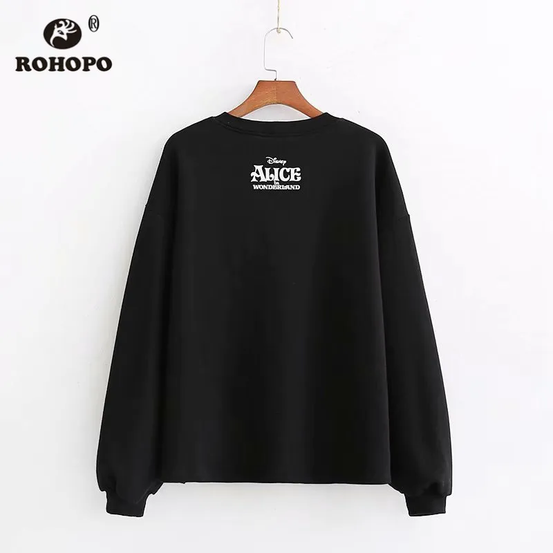 ROHOPO круглый воротник мультфильм печатных с длинным рукавом черный свитер хлопок Джерси тканевый пуловер осенние женские толстовки#2697