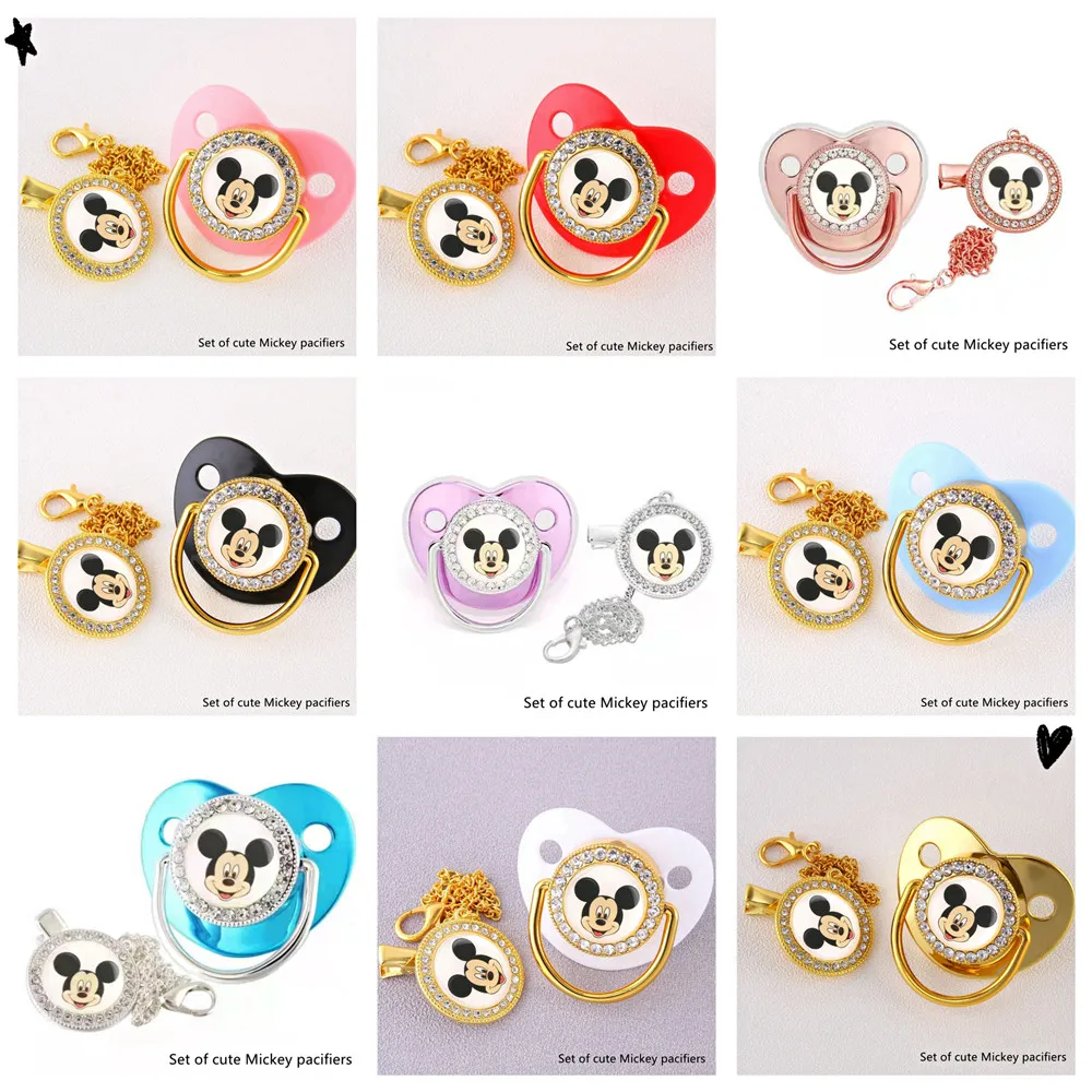 

[1 set]Disney Mickey Baby Diamond Play Mouth Baby Dot Diamond Pacifier with Clip Super soft baby imitating breast milk Macaron