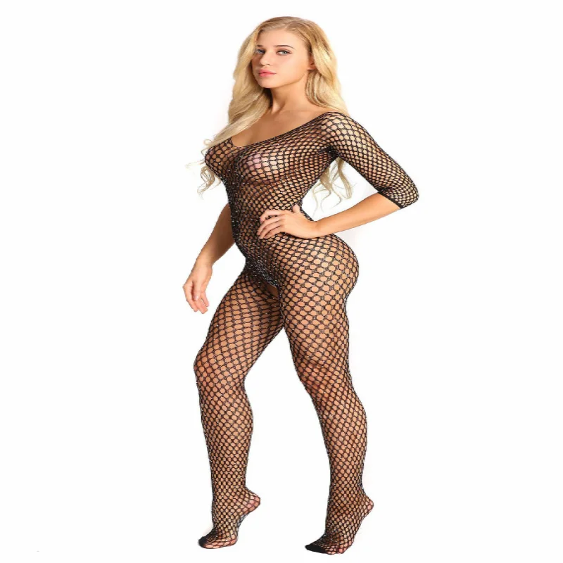 

Sexy Lingerie New Hollow Hot Drill Medium And Large Net Fun Underwear Open Mesh One-piece Shiny Black Socks