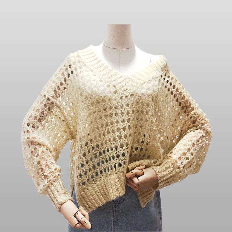 

Autumn Fashion Streetwear Korean 2020 Flax Blended Pure Color V Neck Batwing Sleeves Hollow Knitted Pullover Pink Women Sweater