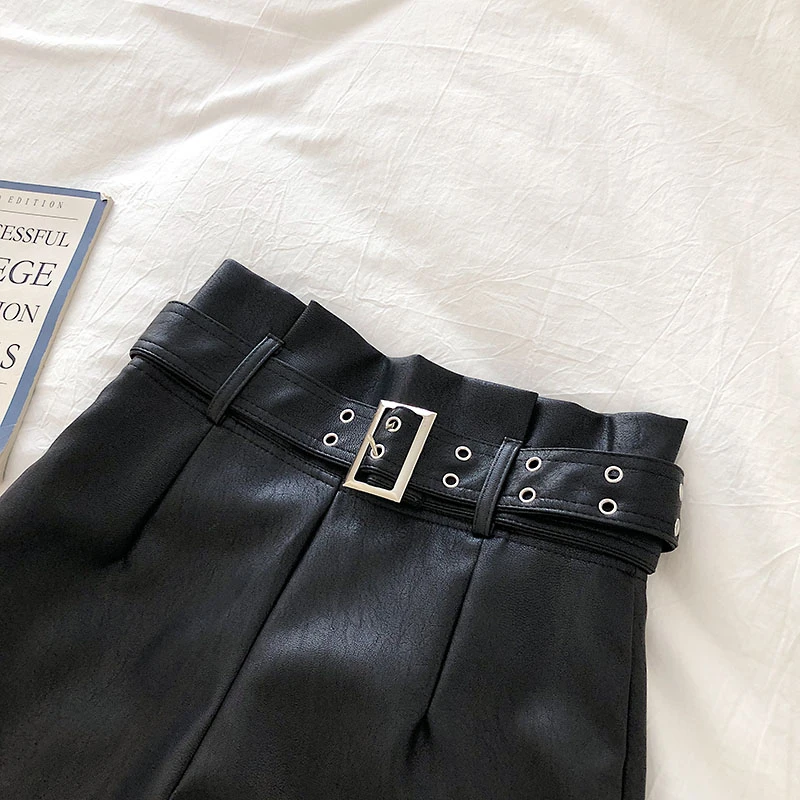 Женские кожаные шорты с высокой талией корейские модные короткие из