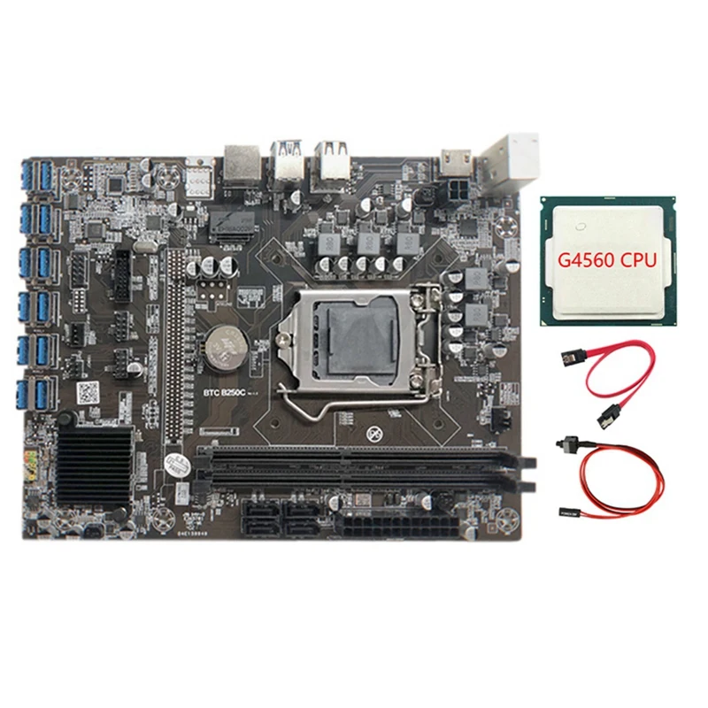 

Материнская плата для майнинга B250C с ЦП G4560 + кабель SATA + кабель переключения 12xpcie в разъем для графической карты USB3.0 для BTC
