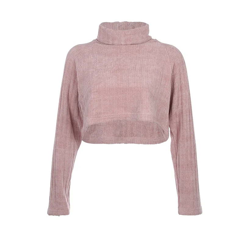 Pink Darlingaga Повседневный вязаный Однотонный свитер с высоким воротником, весенний осенний пуловер, женские короткие топы, толстовки, уличная одежда - Цвет: Pink