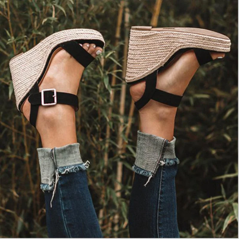

Women's sandals summer new women's large size spot wedge buckle belt toe high heel women's shoes