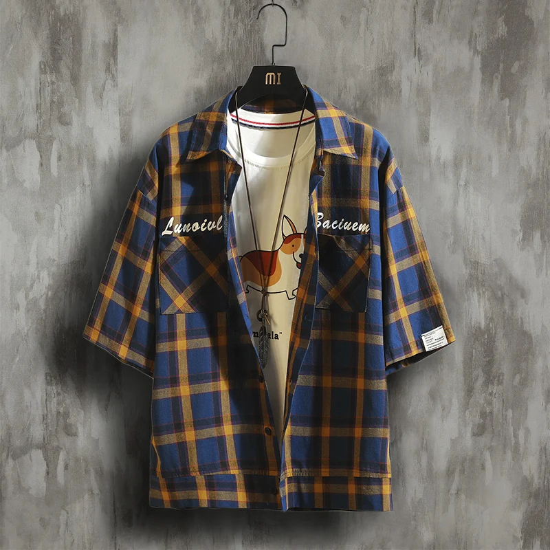 

Green and yellow Plaid Shirt Men's shirt 2021 new summer fashion shirt men's Plaid Shirt Short Sleeve Shirt Men's shirt