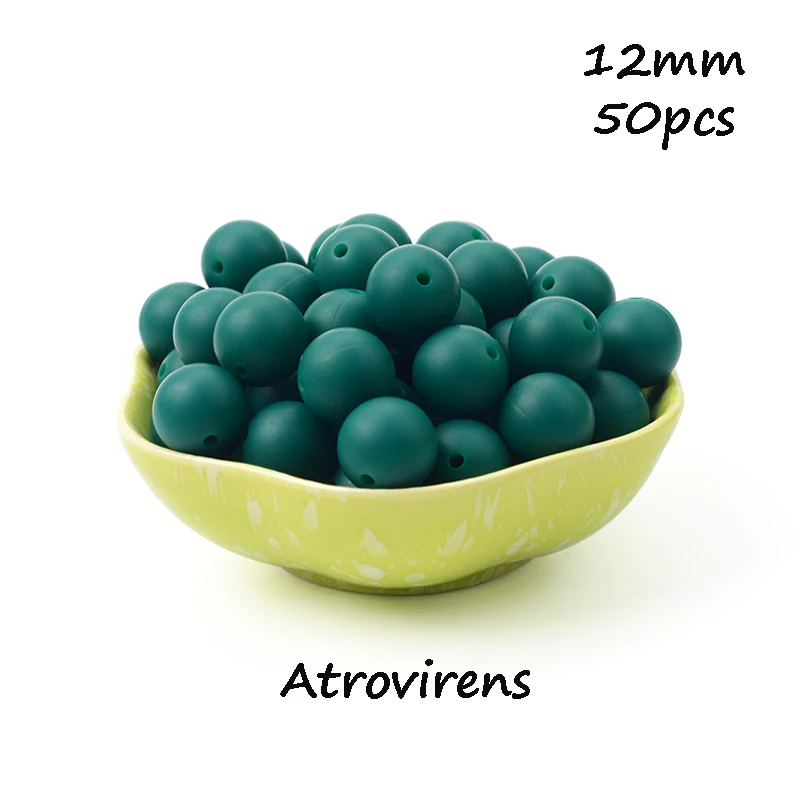 Atrovirens LOFCA, 12 мм, 50 шт./лот, бусины из пищевого силикона, Прорезыватель для зубов, круглые бусины, Детская жевательная для прорезывания зубов, Силиконовые Прорезыватели для самостоятельного изготовления - Цвет: Atrovirens