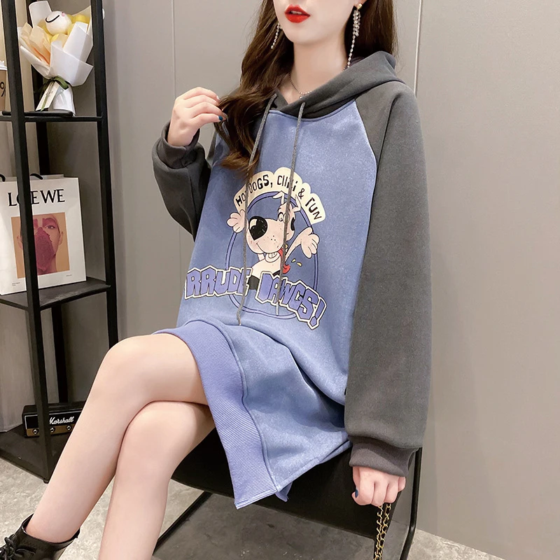 

Женская флисовая толстовка с капюшоном, Повседневная Свободная Толстовка составного кроя с мультяшным принтом, корейский стиль, Осень-зима...