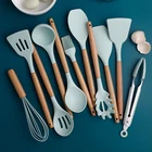 1-12 шт. силиконовых кейсов Пособия по кулинарии Кухня набор посуды с антипригарным покрытием лопатка Черпак ложка с деревянной ручкой Пособия по кулинарии Набор инструментов с ящик для хранения