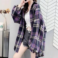 women polo collar shirts plaid batwing sleeve loose outwear female chic new blouses vintage multi color casual tops autumn