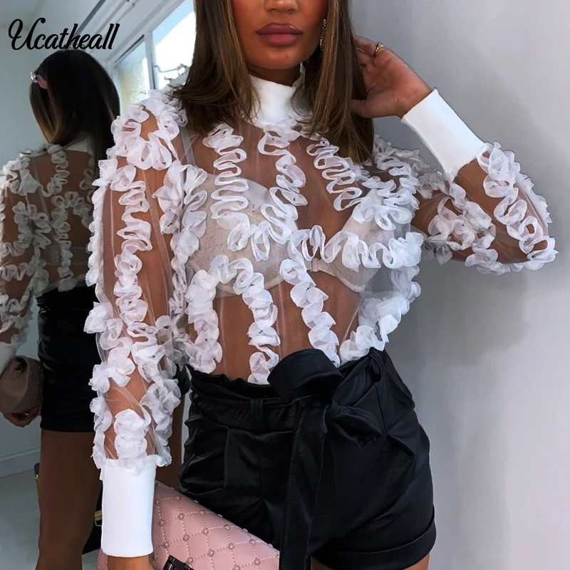 Женская кружевная блузка с воротником-стойкой весна-лето сетчатые Модные топы