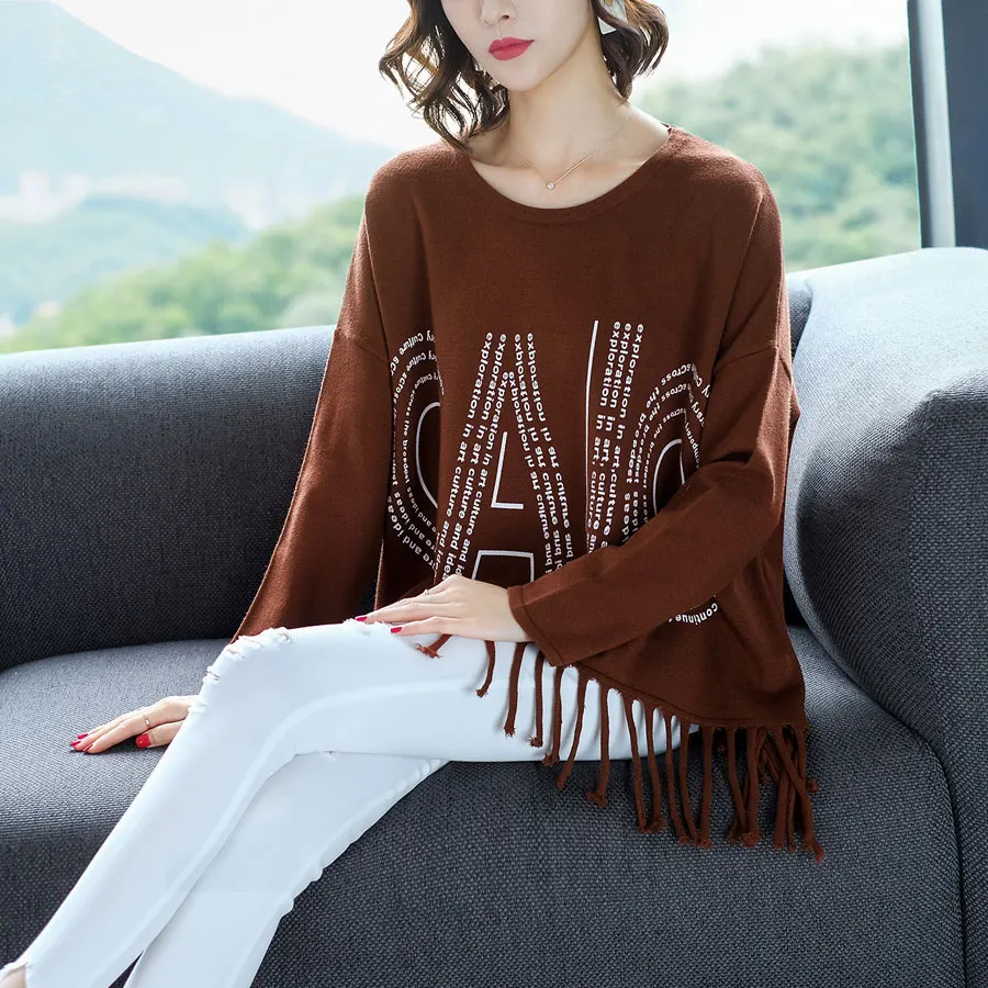 Женский однотонный вязаный свитер с круглым вырезом и кисточками 2019 осень зима