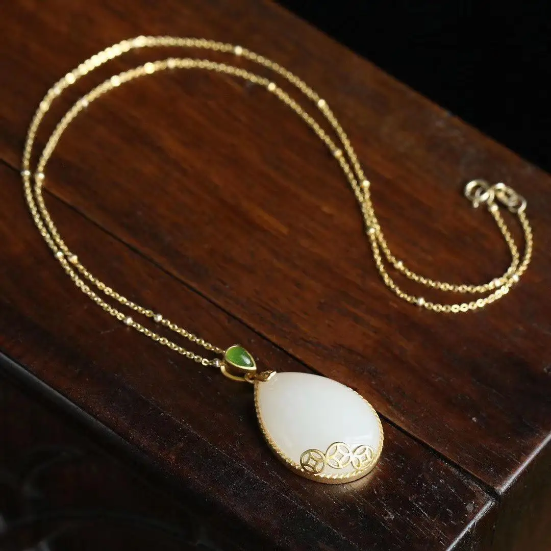 

Natural Hetian Jade Water Drop Pendant Female Jade White Jade Chinese Style Necklace for Elders to Give Mom Gift Jewelry
