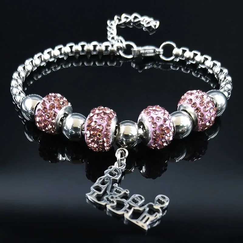 Женский браслет из нержавеющей стали с розовыми кристаллами и цепочкой для папы