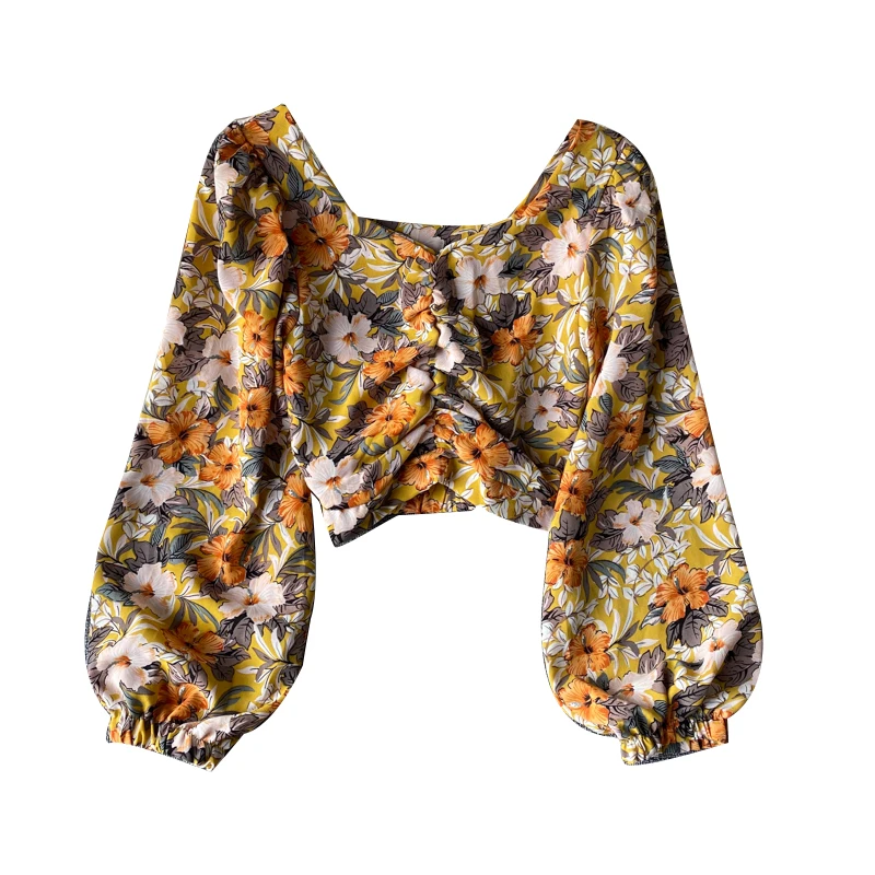 

Vintage Floral Chiffon Women Blouse Summer New V-Neck Lantern Sleeved Pleated Short High Waist Female Pulls Tops
