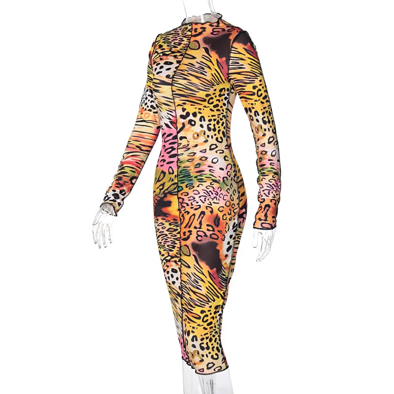 

Europe's best selling print dress women's 2021 spring and summer new long sleeve round neck slim waist mid length dress