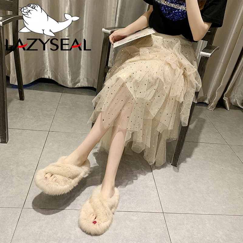 LazySeal/тапочки с натуральным кроличьим мехом женская обувь модные женские Вьетнамки, Повседневная плюшевая обувь на плоской подошве женские меховые домашние шлепанцы