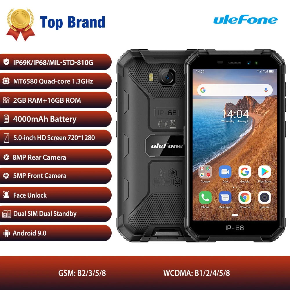 ulefone armor x6 ip68 mt6580 rugged waterproof smartphone android 9 0 cell phone mobile phonquad core 4000mah 2gb 16gb 3g free global shipping