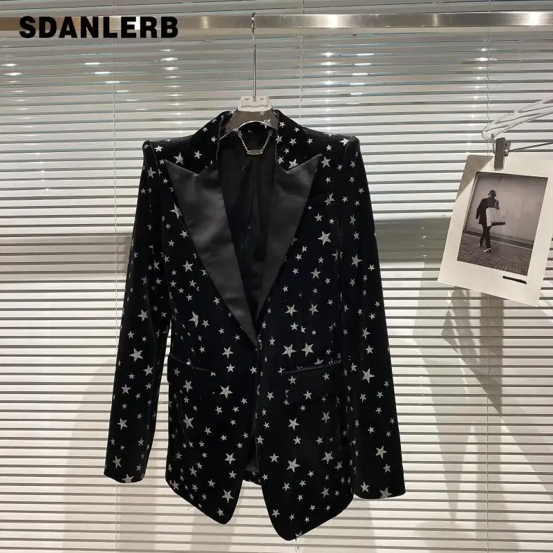 

2021 Autumn New Velvet Slim Fit Padded Shoulder Business Suit Black Jacket Printed Long Sleeve Tailored Suit Coat for Women