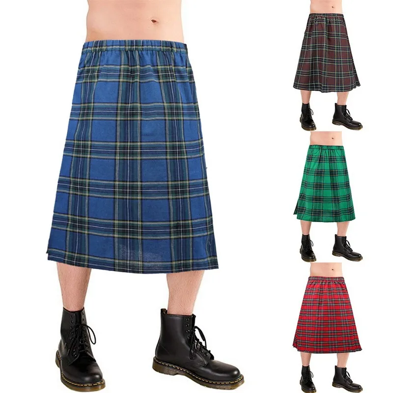 

Mens Kilt Traditional Plaid Belt Pleated Bilateral Chain Brown Gothic Punk Scottish Tartan Trousers Skirts