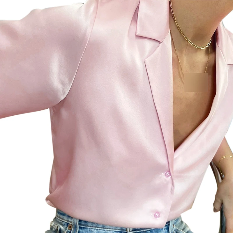 

Kayotuas Women Shirt Summer Fashion Short Sleeve Satin Solid Color Lapel Collar Street Daily Wear Elegant Silk Blouse Tops