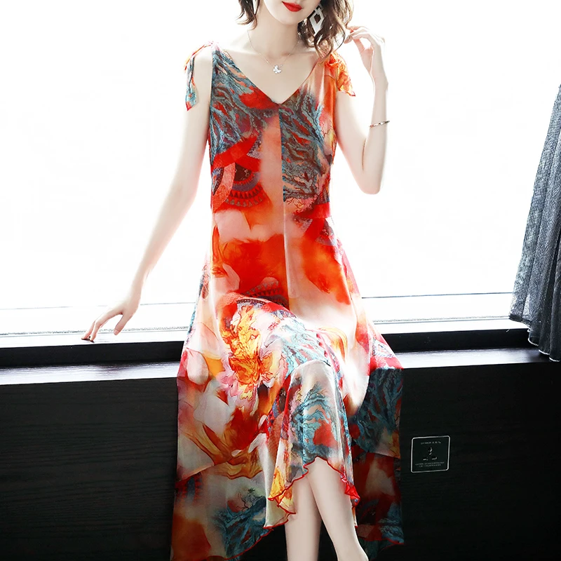 Женское платье из натурального шелка на бретельках длинное летнее элегантные