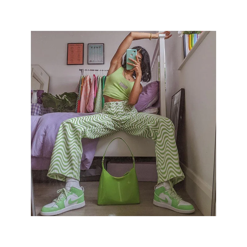 

Long Trousers High Waist Female 2021ins Style New Fashion Ripple Printing High Waist Thin Straight Trousers Youth Campus Style