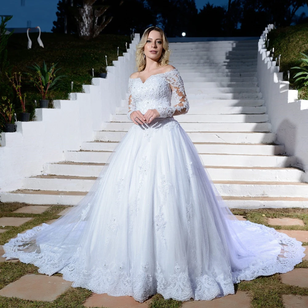 

Женское свадебное платье It's yiiya, белое кружевное платье трапециевидной формы с длинными рукавами, аппликацией и бисером, платье с вырезом ло...