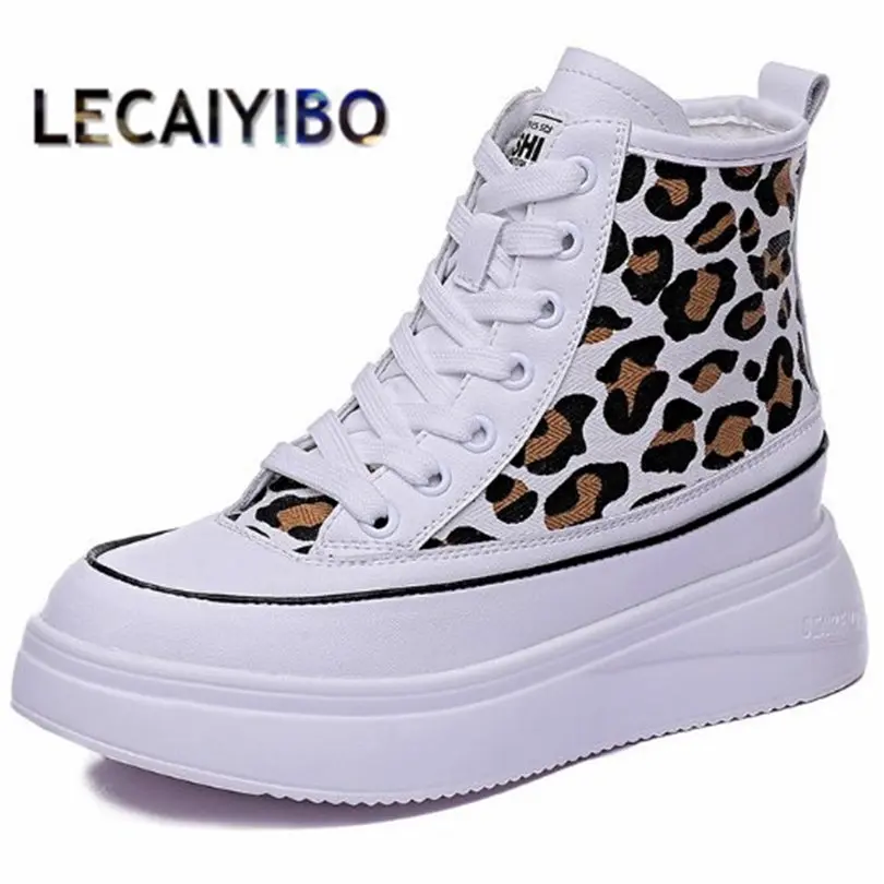 

EUR34-EUR39 Casual Leopard Oxfords Women Cow Leather Round Toe Lace Up High Top Fashion Sneakers Canvas Platform Travel Shoes