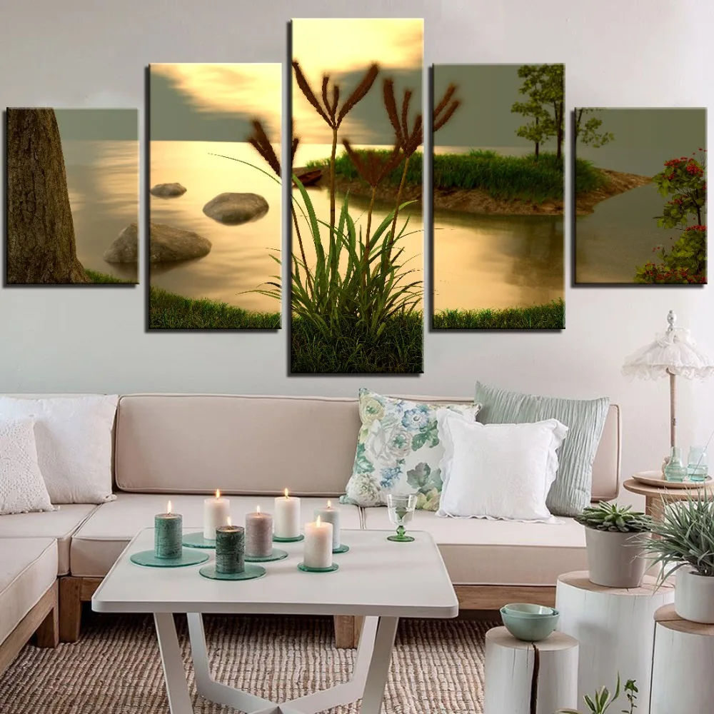 

5 Pieces Sunset Landscape Canvas Painting Lake Pond Wallpapers Quiet Relaxing Pictures Plants Grass Posters For Home Room Decor