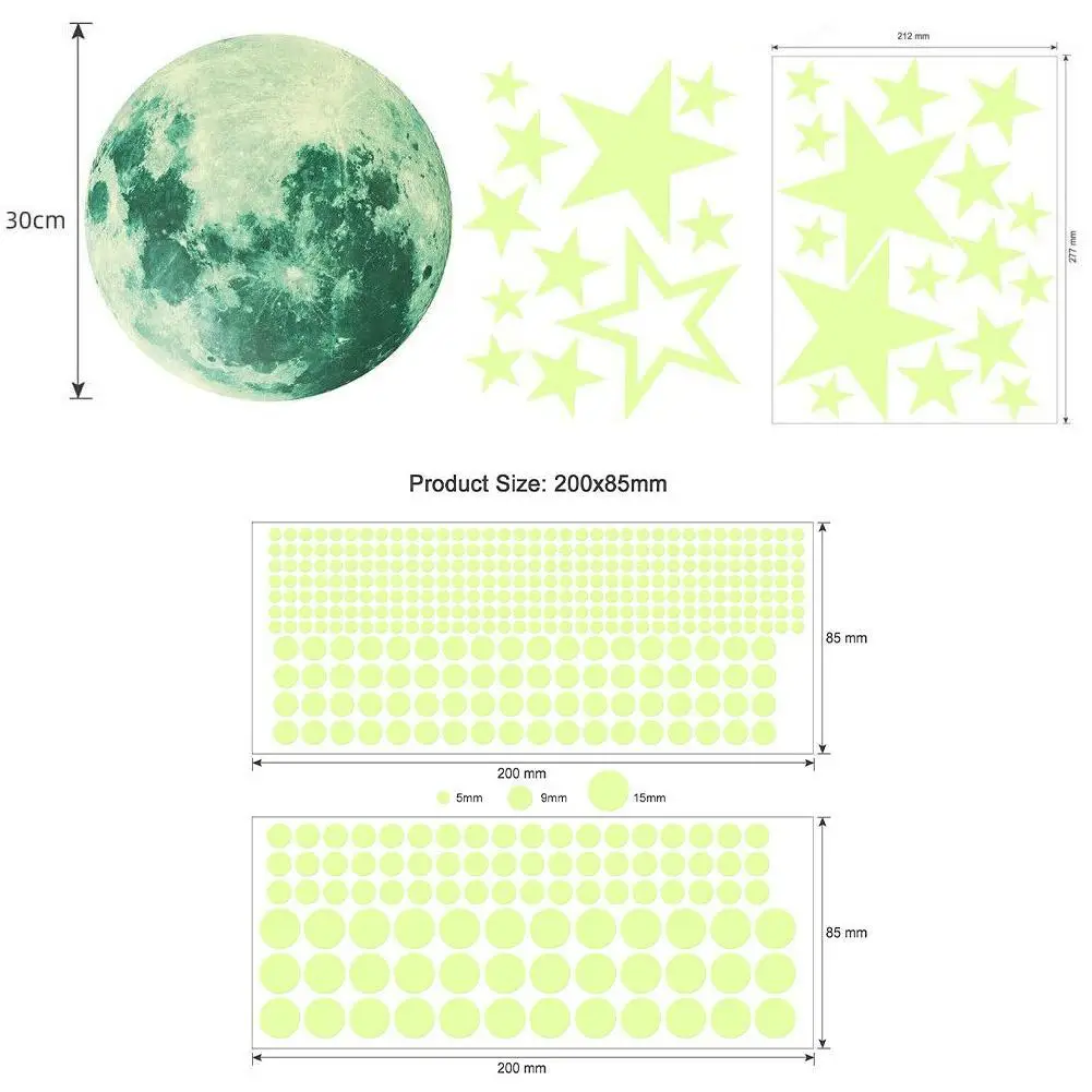 

435Pcs 30cm Moon Stars Dots Green Luminous Wall Sticker Children Room Ceiling Stairs Decoration Fluorescent Mural Decals Decor