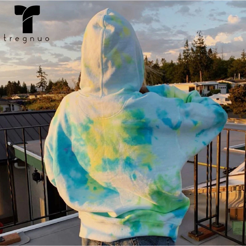 TREGNUO 2021 Hoodie Women Tie-Dye Printing Long Sleeve Loose Coat Autumn And Winter Woman Pullover | Женская одежда